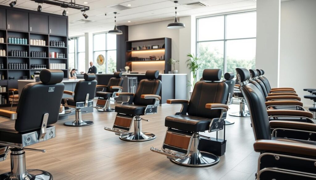 A modern, high-end hair salon featuring a selection of customizable salon chairs from the James Barber Shop brand. In the foreground, a selection of chairs with adjustable headrests, armrests, and seat cushions in a range of premium materials and colors, including leather, chrome, and wood accents. In the middle ground, a stylish reception desk and shelving units displaying salon products. The background showcases large windows allowing natural light to flood the space, creating a bright and welcoming atmosphere. The overall mood is one of sophisticated elegance and personalized style. A modern, high-end hair salon featuring a selection of customizable salon chairs from the James Barber Shop brand. In the foreground, a selection of chairs with adjustable headrests, armrests, and seat cushions in a range of premium materials and colors, including leather, chrome, and wood accents. In the middle ground, a stylish reception desk and shelving units displaying salon products. The background showcases large windows allowing natural light to flood the space, creating a bright and welcoming atmosphere. The overall mood is one of sophisticated elegance and personalized style.