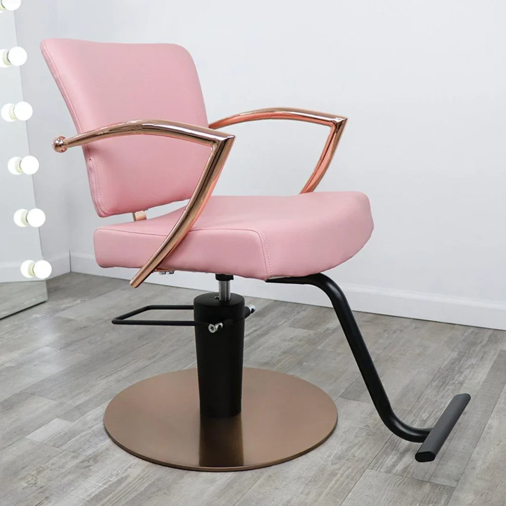 A modern salon interior featuring stylish furniture from the James Barber Shop collection. In the foreground, a sleek and minimalist styling chair with a plush leather seat and chrome frame. In the middle ground, complementary side tables and cabinets with a smooth, lacquered finish. The background showcases a minimalist yet elegant wall design, with recessed lighting casting a warm, inviting glow throughout the space. The overall atmosphere is one of sophistication and modern sophistication, reflecting the latest trends in salon furniture design.
