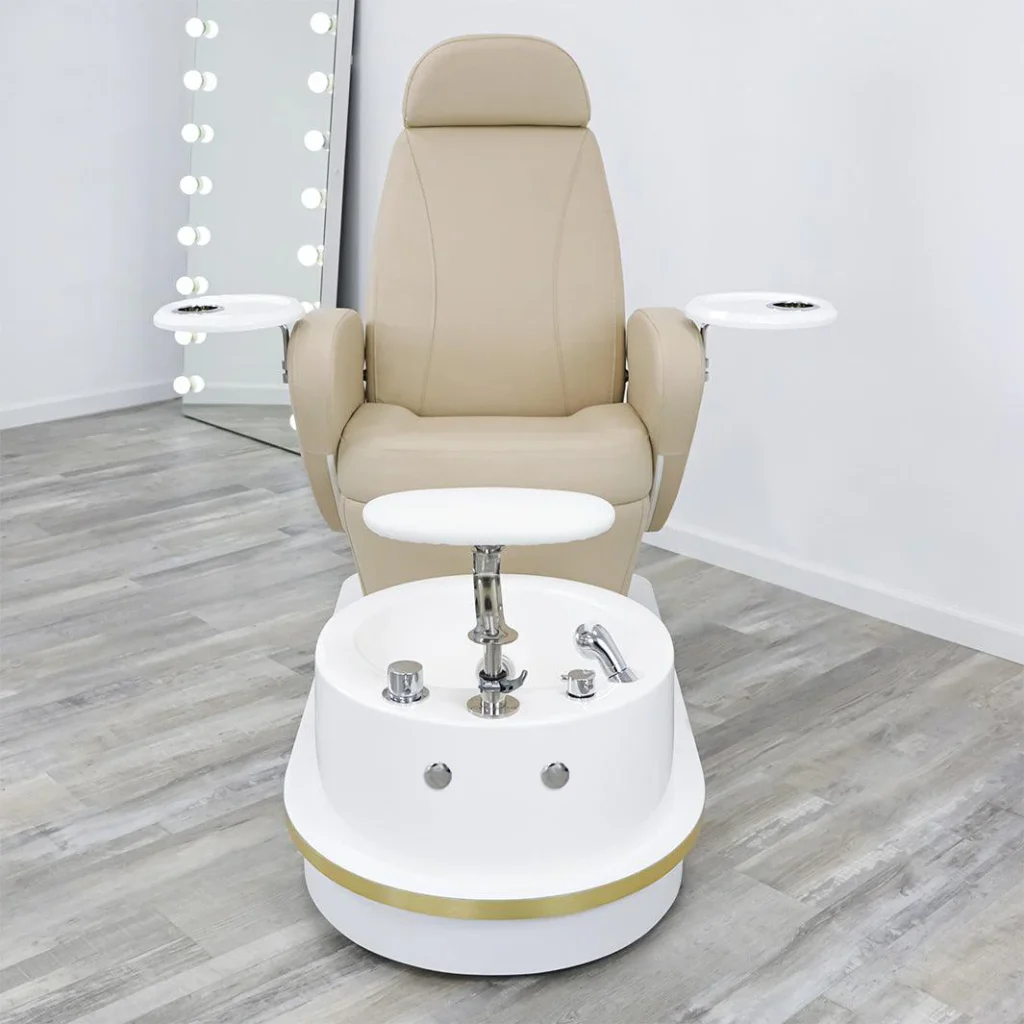 A lavish pedicure salon, bathed in warm, golden light from a large window. Plush, leather-upholstered chairs in a rich burgundy hue sit in a well-appointed space, each adorned with the "James Barber Shop" logo. The chairs' ergonomic design and massaging mechanisms offer unparalleled comfort, as patrons soak their feet in bubbling, scented water. Ornate fixtures and polished marble surfaces create an atmosphere of indulgence and relaxation, inviting visitors to unwind and enjoy the ultimate pampering experience.
